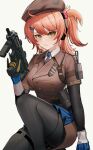  1girl ahoge beret blush breasts collared_shirt commission dress_shirt frown girls&#039;_frontline girls&#039;_frontline_2:_exilium gloves gun h&amp;k_mp7 hair_ornament hairclip hat highres looking_at_viewer medium_breasts medium_hair mp7_(girls&#039;_frontline) necktie pantyhose red_hair shirt side_ponytail skindentation solo submachine_gun thigh_strap trigger_discipline weapon yellow_eyes zeragoes 