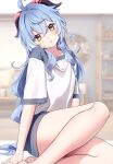  1girl :o ahoge bare_legs blue_hair blush commentary_request ganyu_(genshin_impact) genshin_impact harupipipi4 heart highres horns long_hair looking_at_viewer open_mouth purple_eyes shirt shorts sidelocks sitting solo thighs white_background white_shirt 