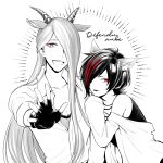  2boys adam_(show_by_rock!!) animal_ears black_hair eve_(show_by_rock!!) extra_ears goat_boy goat_ears goat_horns hair_over_one_eye highres horns long_hair looking_at_viewer male_focus mel6969 multicolored_hair multiple_boys one_eye_covered open_mouth orange_eyes red_eyes red_hair short_hair show_by_rock!! smile teeth white_background white_hair wolf_boy wolf_ears 