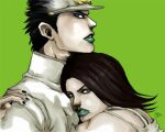  1boy 1girl black_hair blue_eyes brown_hair coat couple dress english_commentary green_background green_lips green_nails hat hetero hug husband_and_wife jojo_no_kimyou_na_bouken kujo_jotaro laura_maria long_sleeves looking_at_viewer medium_hair mrs._kujo parted_lips short_hair simple_background stone_ocean white_coat white_dress 