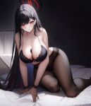  black_bra black_hair black_pantyhose blue_archive blunt_bangs bra breasts cleavage condom condom_wrapper dark_background hair_ornament hairclip halo highres large_breasts on_bed pantyhose red_eyes red_halo rio_(blue_archive) underwear zishudongmao 