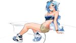  1girl absurdres air_jordan bandana bare_shoulders bench black_tube_top blue_eyes blue_hair blueisalanguage blush borrowed_character breasts cleavage commentary commission english_commentary eyewear_on_head full_body highres large_breasts long_hair looking_back medium_breasts minah_(chaesu) nike original shoes short_shorts shorts sitting smartwatch sneakers socks solo strapless sunglasses tube_top twisted_torso watch white-framed_eyewear white_bandana white_socks wristwatch 
