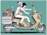  2girls bikini bikini_top_only black_hair breasts crop_top gloves highres large_breasts long_hair midriff motor_vehicle multiple_girls on_scooter original pointing ponytail riding scooter short_hair short_shorts shorts simple_background small_breasts sukabu swimsuit white_hair 
