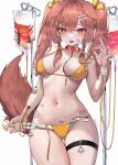  1girl absurdres animal_ears bare_shoulders bikini blush bone_hair_ornament braid breasts brown_eyes brown_hair cleavage collar dog_ears dog_girl dog_tail fangs hair_between_eyes hair_ornament heart heart_in_eye highres hololive inugami_korone kkato large_breasts long_hair looking_at_viewer navel open_mouth red_collar skin_fangs solo swimsuit symbol_in_eye tail thigh_strap thighs twintails virtual_youtuber yellow_bikini 