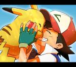  1boy affectionate ash_ketchum closed_eyes commentary_request day face-to-face fingerless_gloves gloves green_gloves grin hand_up happy hat jacket kanno_0v0 male_focus outdoors pikachu pokemon pokemon_(anime) pokemon_(classic_anime) pokemon_(creature) red_headwear short_hair short_sleeves sky smile teeth 