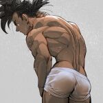  1boy ass ass_focus back bara boxers dragon_ball dragon_ball_z feet_out_of_frame from_behind hand_on_own_neck highres male_focus male_underwear muscular muscular_male see-through short_hair sideburns solo son_goku spiked_hair supobi thick_eyebrows thick_thighs thighs topless_male underwear wet wet_clothes wet_male_underwear white_male_underwear 