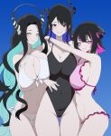  3girls absurdres anerissa_ravencroft asymmetrical_docking asymmetrical_horns black_hair blue_hair blush breast_press breasts colored_inner_hair daydarion demon_horns green_hair height_difference highres hololive hololive_english horns huge_breasts large_breasts long_hair looking_at_viewer mole mole_under_eye multicolored_hair multiple_girls nerissa_ravencroft oneerissa_ravencroft pale_skin pink_eyes red_eyes short_hair siblings simple_background sisters smile swimsuit two-tone_hair uneven_horns virtual_youtuber 