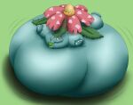  2015 air_inflation ambiguous_gender back_flower belly belly_expansion belly_inflation body_inflation bulbasaur claws digital_media_(artwork) duo expansion flower generation_1_pokemon green_background green_body green_ears green_leaves hyper_inflation immobile inflation inflation_fetish kiss_on_lips lying lying_on_another nintendo on_front oregene pink_flower plant pokemon pokemon_(species) puffkiss red_eyes shaded simple_background snaggle_tooth swelling teeth venusaur white_claws worried 