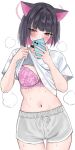  1girl animal_ears black_choker black_hair blue_archive blush bob_cut bra bra_visible_through_clothes breasts cat_ears choker clothes_lift colored_inner_hair hair_intakes halo highres holding holding_phone kazusa_(blue_archive) lace lace_bra large_breasts lifted_by_self looking_at_phone medium_hair multicolored_hair navel phone pink_bra pink_eyes pink_hair pink_halo selfie shirt shirt_lift short_sleeves shorts simple_background solo steaming_body stomach sweat t-shirt thighs tsumayouji_(tumayog) two-tone_hair underwear white_background white_shirt white_shorts 
