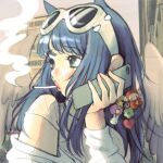  1girl angel_wings animal_ears blue_hair blush building cellphone cellphone_charm charm_(object) cigarette english_commentary eyewear_on_head green_eyes grey_sweater highres holding holding_phone long_hair looking_to_the_side off_shoulder original phone pink_lips portrait pout pyituu shirt smartphone smoking solo sunglasses sweater white_shirt wings 