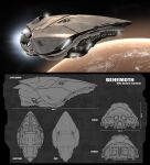  3d absurdres amarr_empire_(eve_online) autodesk_3ds_max_(medium) battleship_(eve_online) bug commentary concept_art eve_online fly from_side glowing hangar highres in_orbit military_vehicle multiple_views no_humans original outdoors photoshop_(medium) planet realistic reference_sheet science_fiction shoc86 sky space spacecraft star_(sky) starry_sky thrusters 
