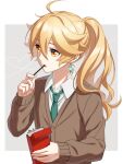  1boy aether_(genshin_impact) alternate_costume alternate_hairstyle ar_(rikuesuto) blonde_hair brown_sweater earrings eating food genshin_impact green_necktie hair_between_eyes highres jewelry long_hair long_sleeves necktie open_mouth pocky ponytail shirt solo sweater white_shirt yellow_eyes 
