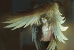  2boys aleph_(megami_tensei) angel angel_wings black_hair blonde_hair closed_mouth commentary_request demon_horns feathered_wings helel_(megami_tensei) horns long_hair lucifer_(shin_megami_tensei) multiple_boys multiple_wings muscular muscular_male nipples o_c_x parted_bangs shin_megami_tensei shin_megami_tensei_ii toned toned_male topless_male wings 