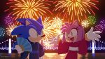  1boy 1girl alternate_costume amy_rose bridge commentary_request fireworks furry furry_female furry_male gloves green_eyes hand_fan highres japanese_clothes kimono looking_at_another night night_sky ocean official_art open_mouth outstretched_arms sky smile sonic_(series) sonic_the_hedgehog uno_yuuji white_gloves 