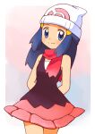  1girl arms_behind_back bare_arms beanie blue_eyes blue_hair border closed_mouth commentary_request cowboy_shot dawn_(pokemon) eyelashes hair_ornament hairclip hat highres kyanos_(b_0000ff) pink_skirt pokemon pokemon_(anime) pokemon_dppt_(anime) scarf shirt skirt sleeveless sleeveless_shirt smile solo split_mouth white_border white_headwear 