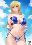  1girl artist_logo bare_shoulders bikini blonde_hair blue_bikini blue_sky breasts cloud collarbone commentary day double_vertical_stripe groin hair_between_eyes jacket jacket_partially_removed kaos_art large_breasts light_blush long_hair navel off_shoulder open_clothes open_jacket outdoors paid_reward_available parted_lips patreon_username sky smile solo stomach strapless strapless_bikini string_bikini swimsuit tenjouin_asuka yellow_eyes yu-gi-oh! yu-gi-oh!_gx 
