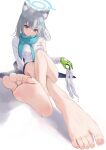  1girl animal_ears barefoot blue_archive feet foot_focus grey_hair halo highres holding_sock looking_at_viewer rryiup shiroko_(blue_archive) simple_background soles solo sweat toenails toes unworn_socks white_background wolf_ears 