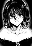  1girl aboleuk breasts cleavage collarbone commentary frown greyscale hair_between_eyes highres mole mole_under_eye monochrome off-shoulder_shirt off_shoulder original portrait shirt small_breasts solo 