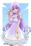  1girl alternate_costume bare_shoulders breasts circlet cleavage dress drink fire_emblem fire_emblem:_genealogy_of_the_holy_war holding holding_drink julia_(fire_emblem) long_hair purple_eyes purple_hair see-through simple_background sky solo yukia_(firstaid0) 