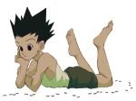  1boy ant bare_shoulders barefoot black_eyes black_hair bug expressionless full_body gon_freecss green_shorts hand_on_own_face highres hunter_x_hunter kaze_no looking_down lying male_child male_focus on_stomach shirt shorts simple_background sleeveless solo white_background white_shirt 