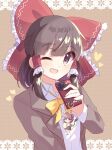  1girl ;d \||/ alternate_costume blunt_bangs blush bow bowtie brown_background brown_eyes brown_hair cellphone commentary_request frilled_bow frilled_hair_tubes frills hair_bow hair_tubes hakurei_reimu hand_up heart highres holding holding_phone keychain kudamono25253 lace long_hair looking_at_viewer one_eye_closed open_mouth phone red_bow sidelocks simple_background smartphone smile solo suit_jacket touhou upper_body wing_collar yellow_bow yellow_bowtie 