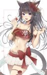  1girl :d animal_ears bandeau black_hair blue_eyes breasts cat_ears cat_girl cat_tail facial_mark final_fantasy final_fantasy_xiv highres long_hair medium_breasts midriff miniskirt miqo&#039;te mokokoiro navel open_mouth pleated_skirt ponytail red_bandeau skirt smile stomach tail warrior_of_light_(ff14) whisker_markings white_skirt 