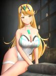  1girl 3d bare_shoulders blobcg blonde_hair blunt_bangs blush breasts chest_jewel choker cleavage closed_mouth earrings gem headpiece highres jewelry large_breasts long_hair looking_at_viewer mythra_(radiant_beach)_(xenoblade) mythra_(xenoblade) official_alternate_costume one-piece_swimsuit ribbed_swimsuit smile solo strapless strapless_swimsuit striped striped_one-piece_swimsuit swept_bangs swimsuit thigh_strap tiara two-tone_swimsuit vertical-striped_one-piece_swimsuit vertical_stripes very_long_hair white_choker white_one-piece_swimsuit xenoblade_chronicles_(series) xenoblade_chronicles_2 yellow_eyes 