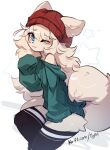  1girl :3 animal_ears animal_nose artist_name beanie black_thighhighs blonde_hair blue_eyes body_fur bottomless breasts closed_mouth commentary dog_ears dog_girl dog_tail drawstring ears_through_headwear furry furry_female green_sweater hand_up happy hat ko-fi_username long_hair looking_at_viewer off_shoulder one_eye_closed original raised_eyebrows red_headwear sidelocks single_bare_shoulder sitting sketch sleeves_past_fingers sleeves_past_wrists small_breasts smile solo star_(symbol) starry_background sweater symbol-only_commentary tail thick_thighs thighhighs thighs typh watermark web_address white_background yellow_fur 