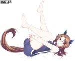  1girl animal_ears barefoot blue_one-piece_swimsuit bow brown_hair character_name commentary competition_school_swimsuit ear_covers feet full_body hair_bow horse_ears horse_girl horse_tail hugging_own_legs king_halo_(umamusume) long_hair lying on_back one-piece_swimsuit red_eyes school_swimsuit shigino_sohuzi simple_background solo swimsuit tail toes tracen_swimsuit umamusume white_background 