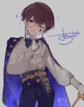  1boy black_pants blouse blue_cape blue_eyes brown_hair buttons cane cape chain closed_mouth double-breasted e.g.o_(project_moon) employee_(lobotomy_corporation) gold_chain gold_trim hand_up highres kodona lk0_71604 lobotomy_corporation lolita_fashion long_sleeves looking_at_viewer male_focus monocle one_eye_closed pants project_moon puffy_long_sleeves puffy_sleeves shirt simple_background smile solo white_background white_shirt 