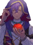  1boy apple arabian_clothes closed_mouth commentary_request crossed_bangs dark-skinned_male dark_skin earrings ensemble_stars! fingernails food fruit gold_trim hair_between_eyes hands_up highres holding holding_food holding_fruit jewelry long_sleeves looking_at_viewer male_focus necklace otogari_adonis parted_bangs puffy_long_sleeves puffy_sleeves purple_hair purple_scarf purple_veil scarf shirt sidelocks simple_background single_earring sleepwildbear solo tassel upper_body v-shaped_eyebrows veil white_background white_shirt yellow_eyes 