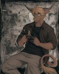  anthro bovid bovine brown_body brown_fur brown_hair brush clothing curved_horn eyewear figurine flannel_shirt fur glasses grey_background hair half-closed_eyes hi_res horn khaki_pants khakis male mammal narrowed_eyes paintbrush shirt simple_background sleepy_poss smile solo t-shirt tail tail_tuft topwear tuft yak 