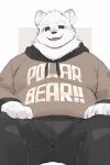  1boy bara bear bear_boy black_pants blush brown_hoodie commentary_request fangs furry furry_male highres hood hoodie indie_virtual_youtuber jugo_kumagai looking_at_viewer male_focus pants polar_bear scar scar_on_face scar_on_nose simple_background smile solo thick_eyebrows totent_kuma white_background 