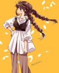  1girl artist_name blush bracelet braid breasts brown_eyes brown_hair brown_pants collared_shirt commentary_request falling_feathers feathers hand_on_own_hip jewelry long_hair long_sleeves orange_background original pants shirt sideways_glance signature simple_background solo standing sugano_manami twin_braids untucked_shirt white_feathers white_shirt 