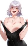  1girl absurdres ahoge bare_shoulders black_dress breasts cleavage clothes_pull collarbone dress fate/grand_order fate_(series) grey_hair highres jeanne_d&#039;arc_alter_(fate) jeanne_d&#039;arc_alter_(ver._shinjuku_1999)_(fate) jewelry large_breasts looking_at_viewer necklace off_shoulder open_mouth rororo short_hair smile solo yellow_eyes 