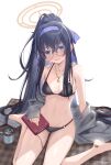  1girl artist_name bags_under_eyes bandaid bandaid_on_foot bare_legs bikini black_bikini black_hair blue_archive blue_hairband blush book breasts breasts_apart coffee_mug collarbone cup dated glasses grey_car grey_jacket hairband halo hattori_masaki highres holding holding_book jacket jewelry long_hair looking_at_viewer mat medium_breasts mug navel necklace o-ring o-ring_bikini official_alternate_costume open_mouth ponytail round_eyewear signature simple_background sitting small_breasts solo stomach swimsuit thighs toes ui_(blue_archive) ui_(swimsuit)_(blue_archive) very_long_hair wariza white_background 