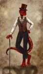  3_toes anthro bagheera bottomwear cane claws clothed clothing eyewear feet furx_(character) grey_claws hat headgear headwear hi_res lizard mab male monocle pants red_body red_eyes reptile scalie shirt solo standing stripes tail toes top_hat topwear vest 