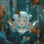  1girl against_glass air_bubble aquarium artist_name blue_eyes blue_hair blue_hoodie blurry blurry_background blurry_foreground bubble drawstring fish gawr_gura gawr_gura_(1st_costume) grey_hair hands_up highres hololive hololive_english hood hoodie long_sleeves looking_at_viewer medium_hair multicolored_hair open_mouth ruiwen shark_girl sharp_teeth sidelocks signature smile solo streaked_hair teeth two_side_up upper_body upper_teeth_only virtual_youtuber wide_sleeves 