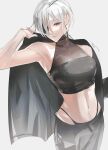  1girl absurdres black_pants chainsaw_man coat coat_on_shoulders crop_top eyepatch highres long_hair looking_at_viewer midriff pants ponytail quanxi_(chainsaw_man) seies_ss simple_background sleeveless solo thong white_background white_hair 