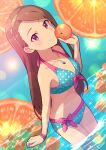  1girl bikini blush breasts brown_eyes brown_hair brown_hairband cleavage closed_mouth collarbone dot_nose dutch_angle food front-tie_bikini_top front-tie_top fruit fruit_on_liquid gradient_background hair_ornament hairband highres holding holding_food holding_fruit idolmaster idolmaster_(classic) idolmaster_million_live! idolmaster_million_live!_theater_days jewelry long_hair looking_at_viewer minase_iori navel necklace orange_(fruit) pink_wristband polka_dot polka_dot_bikini red_eyes small_breasts smile solo sparkle star_(symbol) star_hair_ornament swimsuit two-tone_bikini wading wanoji 