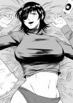  1girl absurdres beer_can blush breasts can chainsaw_man drunk eyepatch fingernails greyscale highres himeno_(chainsaw_man) kei_dragonsheaven looking_at_viewer lying midriff monochrome on_back on_bed one_eye_covered pillow short_hair spill wrinkled_fabric 