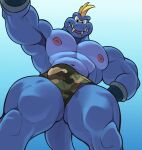  analon_(artist) anthro armor biceps big_biceps big_bulge big_muscles big_pecs blue_background blue_body bottomwear bracers bulge camo camo_bottomwear camo_clothing camo_print clothing donkey_kong_(series) hair hand_on_hip hi_res kremling krusha looking_at_viewer low-angle_view male mohawk muscular muscular_anthro muscular_male navel nintendo nipples open_mouth pattern_bottomwear pattern_clothing pecs raised_arm scalie sharp_teeth simple_background smile snaggle_tooth solo tail teeth underwear 