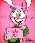  2022 anthro artist_name black_text black_whiskers blush bottomwear brown_clothing buckteeth clothed clothing colored digital_drawing_(artwork) digital_media_(artwork) english_text eyelashes female fingers freckles fur green_eyes hair hi_res holding_object holding_sign lagomorph leporid looking_at_viewer mammal open_mouth open_smile pink_background pink_body pink_hair pink_text pink_tongue rabbit rachael_rabbit rate_me scut_tail short_tail sign signature silentjack simple_background skirt smile solo tail teeth text tongue topwear whiskers 