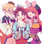  1other 2boys animal_ears anne_faulkner bae_(paradox_live) blonde_hair blush brown_eyes cat_ears closed_mouth dog_ears fake_animal_ears glasses green_eyes hello_kitty hello_kitty_(character) highres long_hair looking_at_viewer multicolored_eyes multiple_boys my_melody nownnownn one_eye_closed onegai_my_melody open_mouth orange_eyes paradox_live pompompurin rabbit_ears red_eyes red_hair sanrio short_hair smile sugasano_allen yeon_hajun 