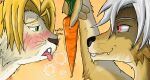  2023 absurd_res anthro azee_(links) blush canid canine canis carrot collar colored evil_grin farfener food fur hair hi_res holding_carrot holding_food holding_object holding_vegetable human_to_anthro lagomorph leporid links magic male mammal no_text plant protective rabbit rune shiyan smile species_transformation teasing textless the_auroran_archives the_farfener tongue tongue_out transformation vegetable white_hair windhill_(links) wolf 