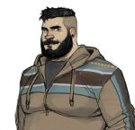  1boy bara beard belly ear_piercing eli_(philipposole) facial_hair highres hood hoodie large_pectorals looking_at_viewer male_focus mature_male original pectorals philipposole piercing plump short_hair sketch solo thick_eyebrows thick_mustache undercut upper_body 