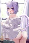  1girl :3 absurdres ahoge animal_collar animal_ear_fluff animal_ears ass bare_shoulders black_collar blush breasts cat_ears cat_girl cat_tail collar fang hair_between_eyes highres hololive large_breasts long_sleeves looking_at_viewer looking_back naked_shirt nekomata_okayu no_bra no_panties open_mouth parijennu222 purple_eyes purple_hair shirt short_hair solo tail thighs virtual_youtuber white_shirt 