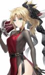  1girl belt blonde_hair bodystocking braid breasts clarent_(fate) dress fate/apocrypha fate_(series) french_braid green_eyes hair_ribbon highres long_hair long_sleeves looking_at_viewer mordred_(fate) mordred_(fate/apocrypha) parted_bangs ponytail red_dress ribbon sideboob sidelocks small_breasts solo sword tonee weapon 