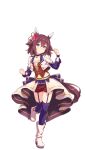  1girl alternate_costume animal_ears blush boots breasts collarbone flower full_body hair_between_eyes hair_flaps hair_flower hair_ornament highres horse_ears horse_girl leg_up looking_at_viewer medium_breasts midriff navel official_art sakura_chiyono_o_(umamusume) shorts smile solo standing starting_future_(umamusume) tail thighhighs umamusume 