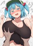  !? 1boy 1girl absurdres black_tank_top blue_eyes blue_hair blush breasts cleavage commentary_request flat_cap green_headwear groping hair_bobbles hair_ornament hat highres kawashiro_nitori large_breasts looking_at_viewer nagomian navel open_mouth pov pov_hands short_hair solo_focus sweat tank_top teeth touhou translation_request two_side_up upper_body upper_teeth_only white_background 